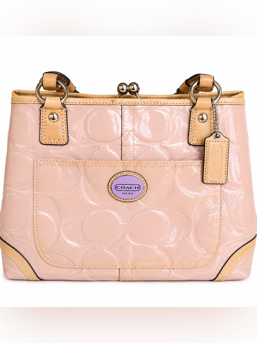 Coach Pink Patent Leather Tote Bag Large Signature Satchel - Picture 5 of 6